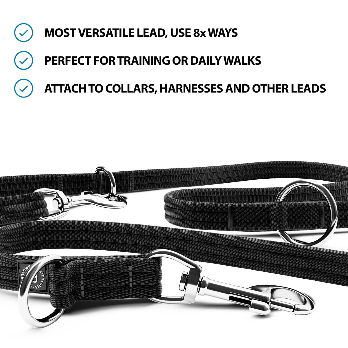 Bully Billows Double Ended Training Lead | All Breeds - Durable & Soft 2m Lead - Black