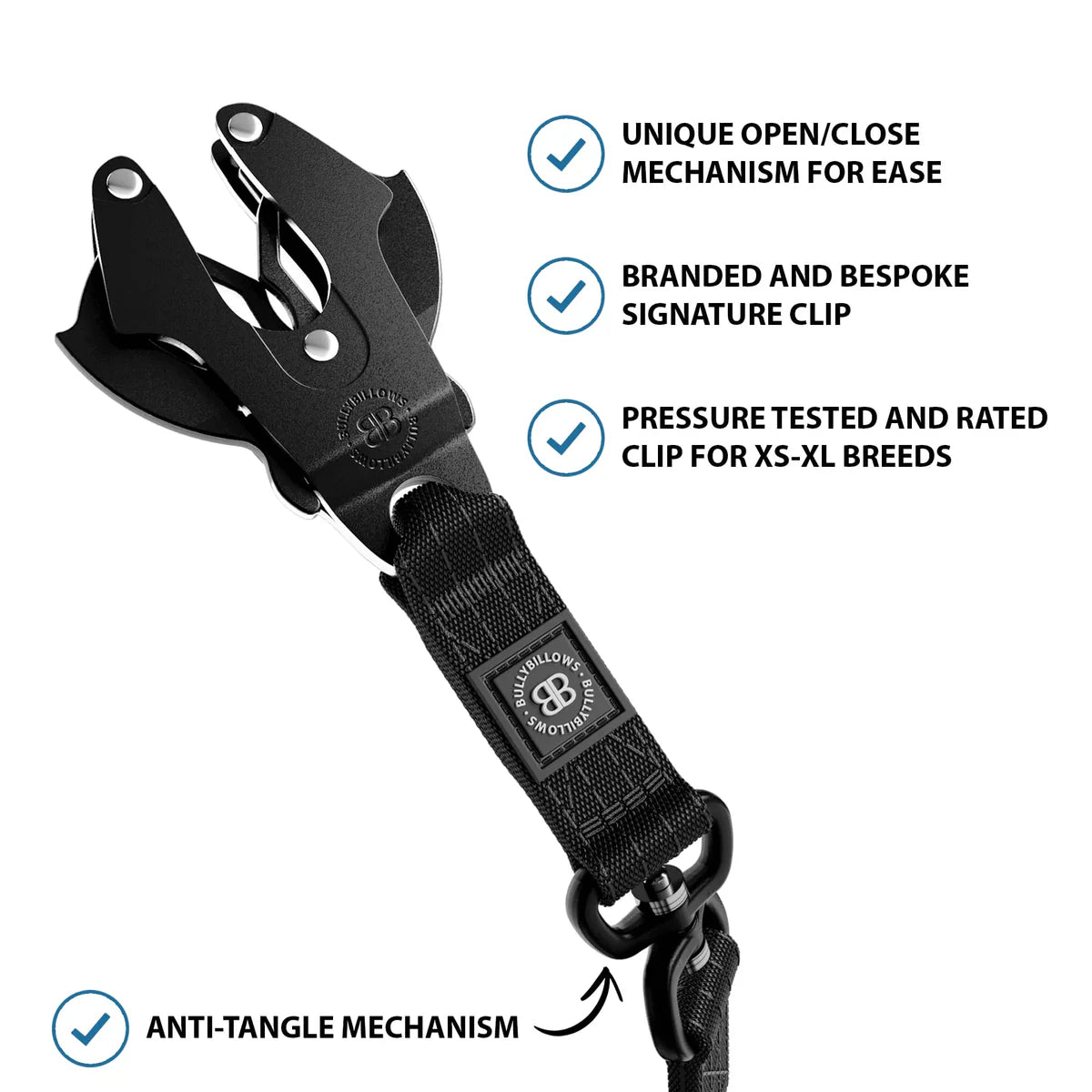 Bully Billows 1.4m LIGHTER Swivel Combat Lead | Neoprene Lined, Secure Rated Clip with Soft Handle - Black x Black