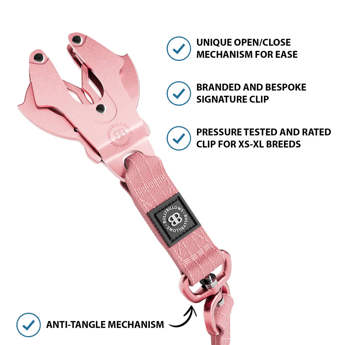 Bully Billows 1.4m LIGHTER Swivel Combat Lead | Neoprene Lined, Secure Rated Clip with Soft Handle - Pink x Pink