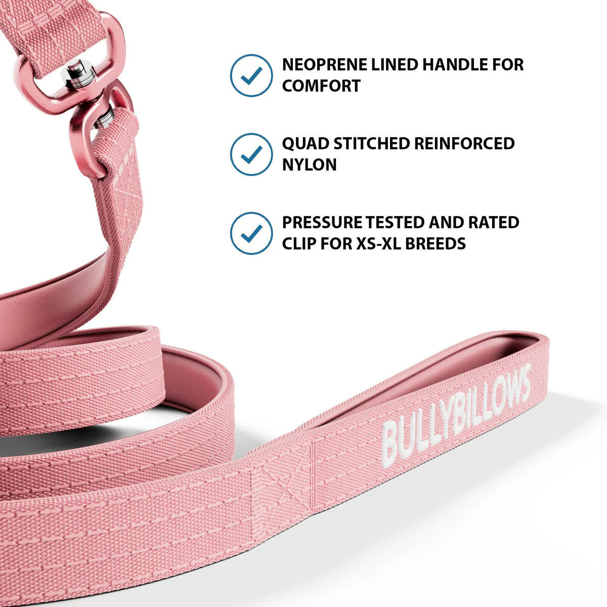 Bully Billows 1.4m LIGHTER Swivel Combat Lead | Neoprene Lined, Secure Rated Clip with Soft Handle - Pink x Pink