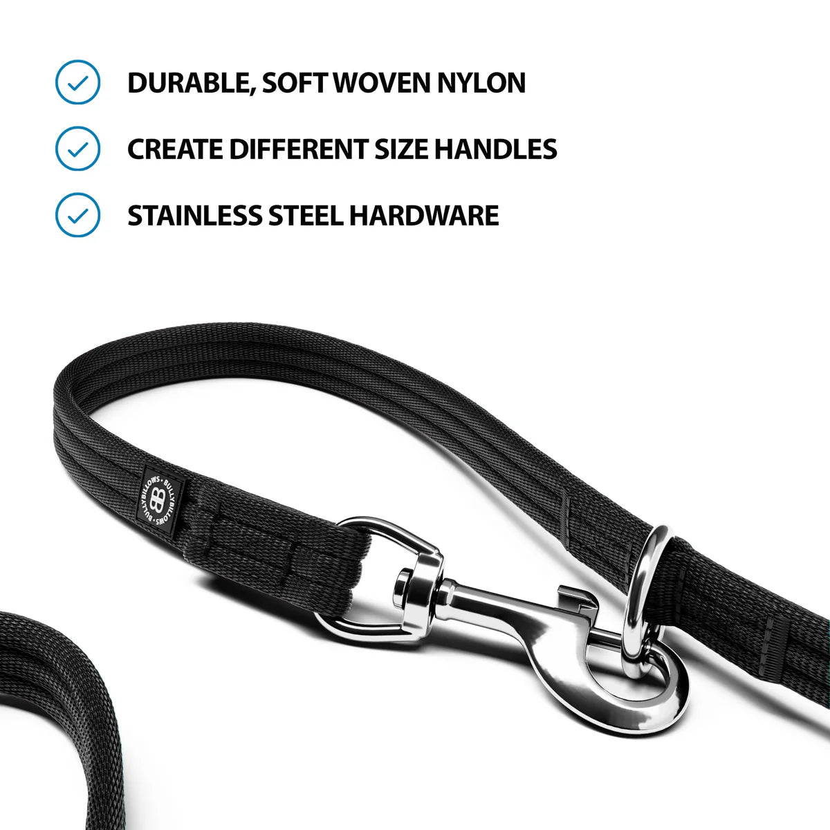 Bully Billows Double Ended Training Lead | All Breeds - Durable & Soft 2m Lead - Black