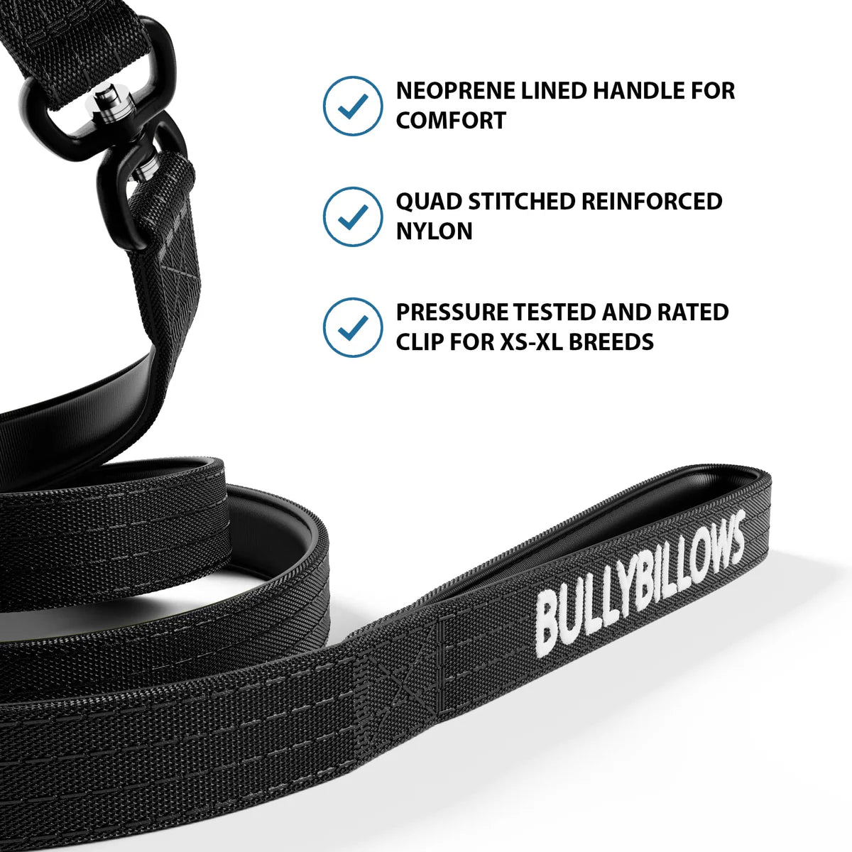 Bully Billows 1.4m LIGHTER Swivel Combat Lead | Neoprene Lined, Secure Rated Clip with Soft Handle - Black x Black